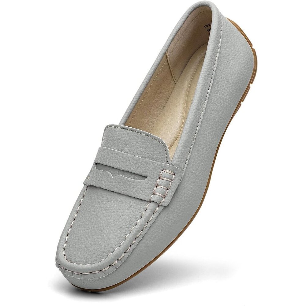 Kordal Women's Light Grey Leather Comfortable & Lightweight Penny Loafers Flats